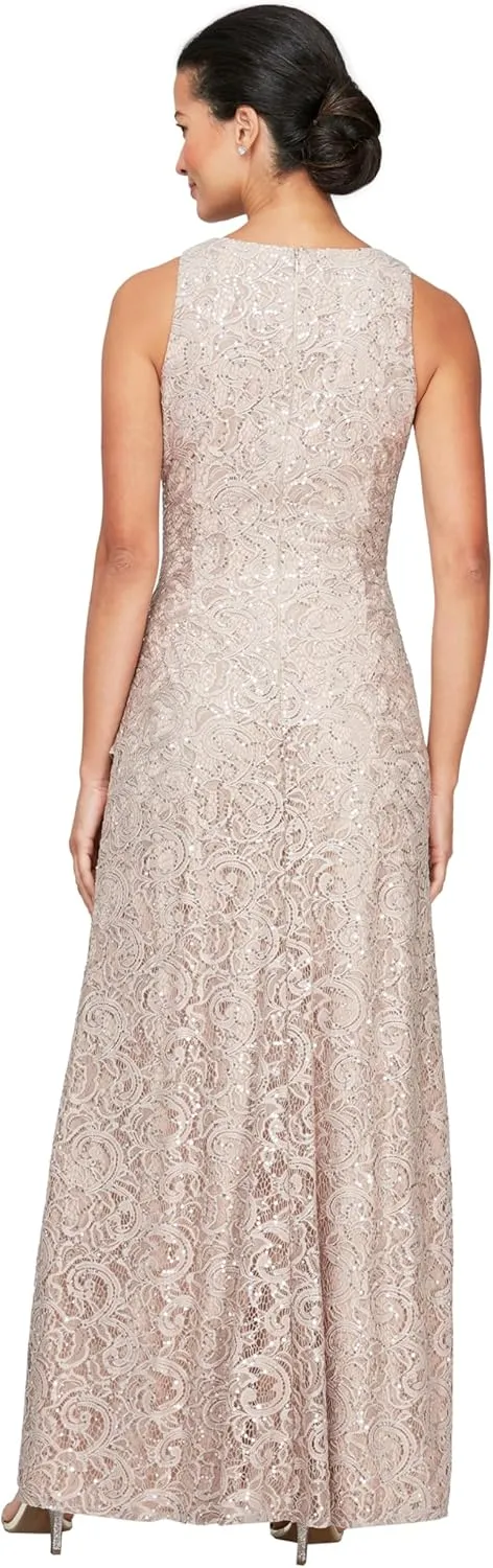 Alex Evenings Women's Long Sleeveless Mother of The Bride Dress W/Cascade Ruffle & Front Slit (Petite and Regular Sizes)