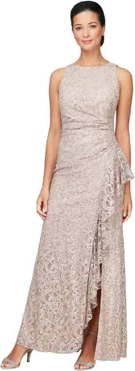 Alex Evenings Women's Long Sleeveless Mother of The Bride Dress W/Cascade Ruffle & Front Slit (Petite and Regular Sizes)