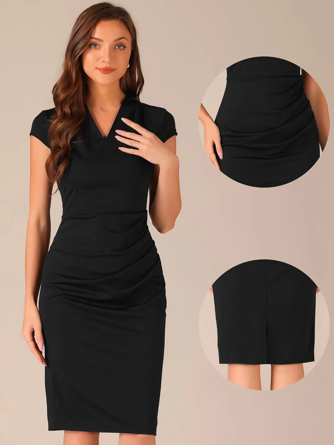 Allegra K Office Sheath Dresses for Women's Cap Sleeve Ruched Side Pencil Dress