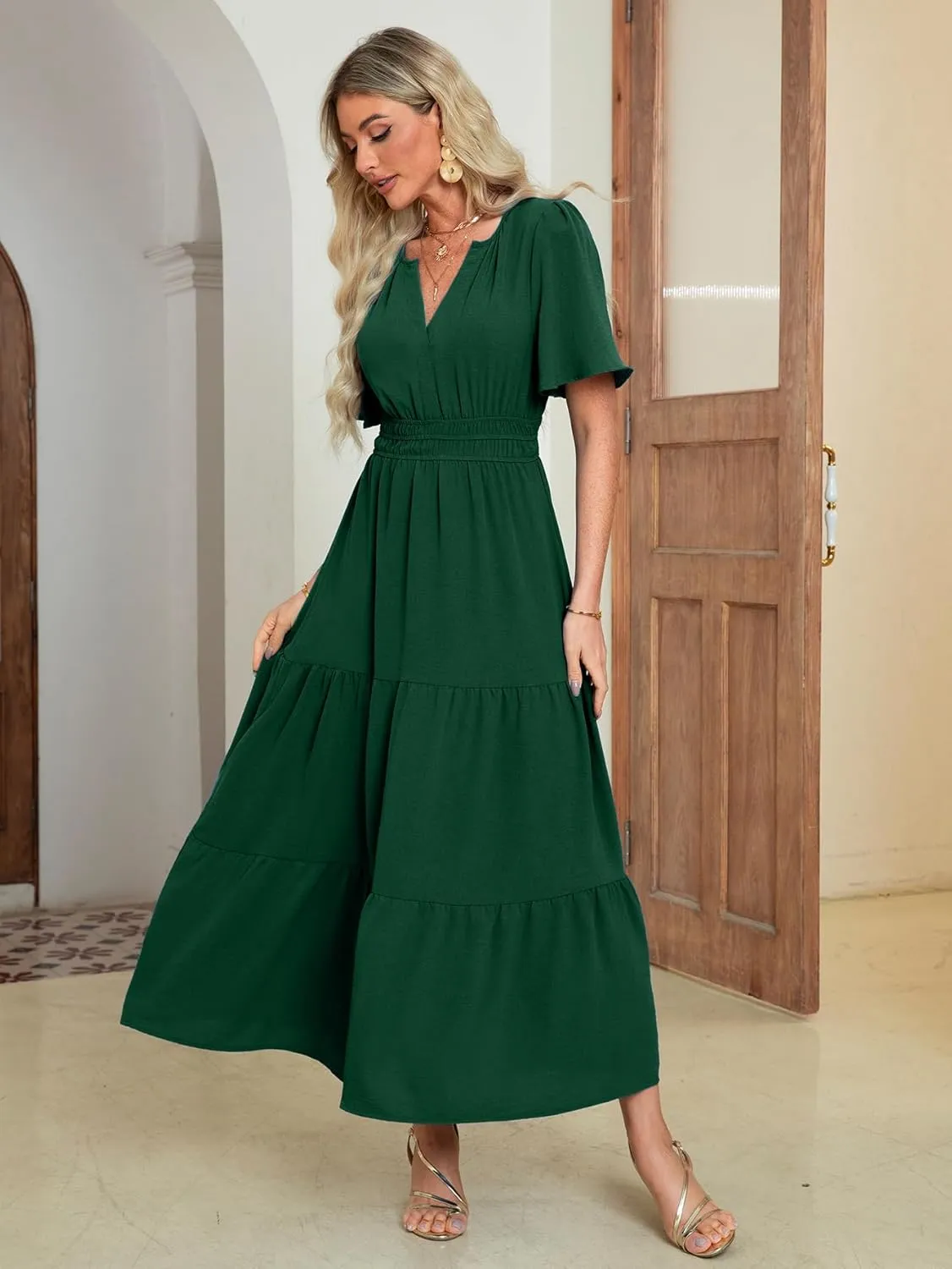 Amegoya Women's Summer Boho Maxi Dresses Casual V Neck Short Sleeve A-line Empire Waist Long Flowy Beach Dress