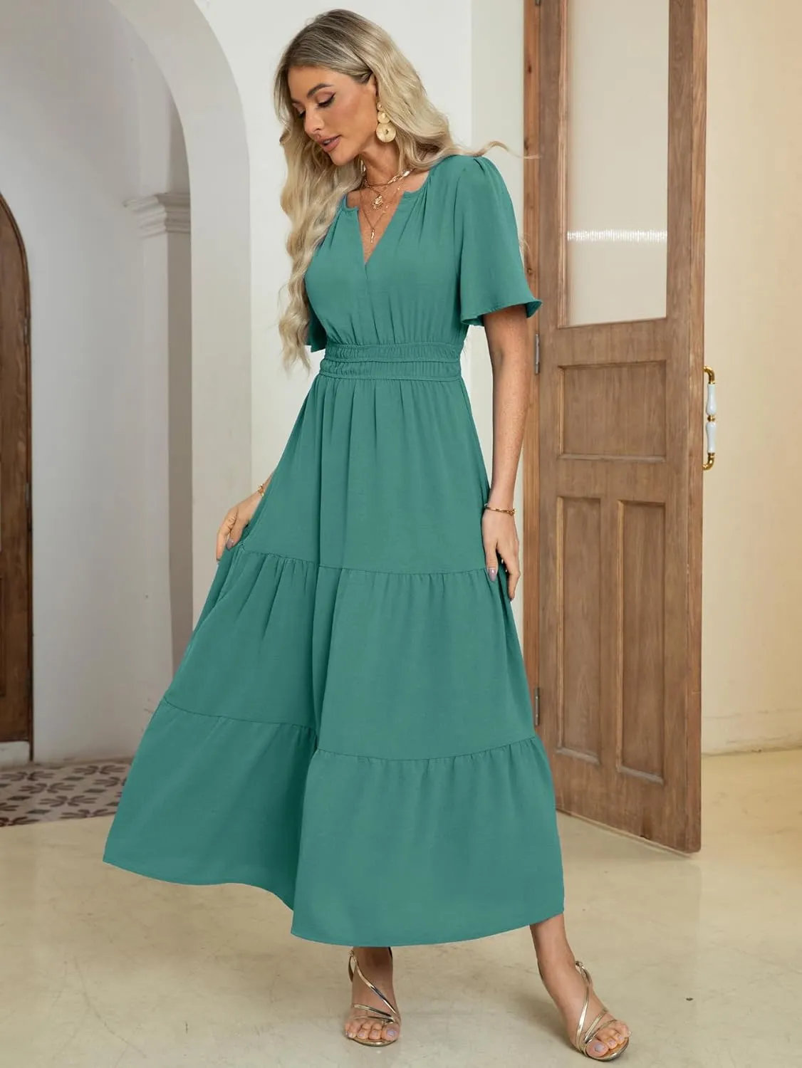 Amegoya Women's Summer Boho Maxi Dresses Casual V Neck Short Sleeve A-line Empire Waist Long Flowy Beach Dress