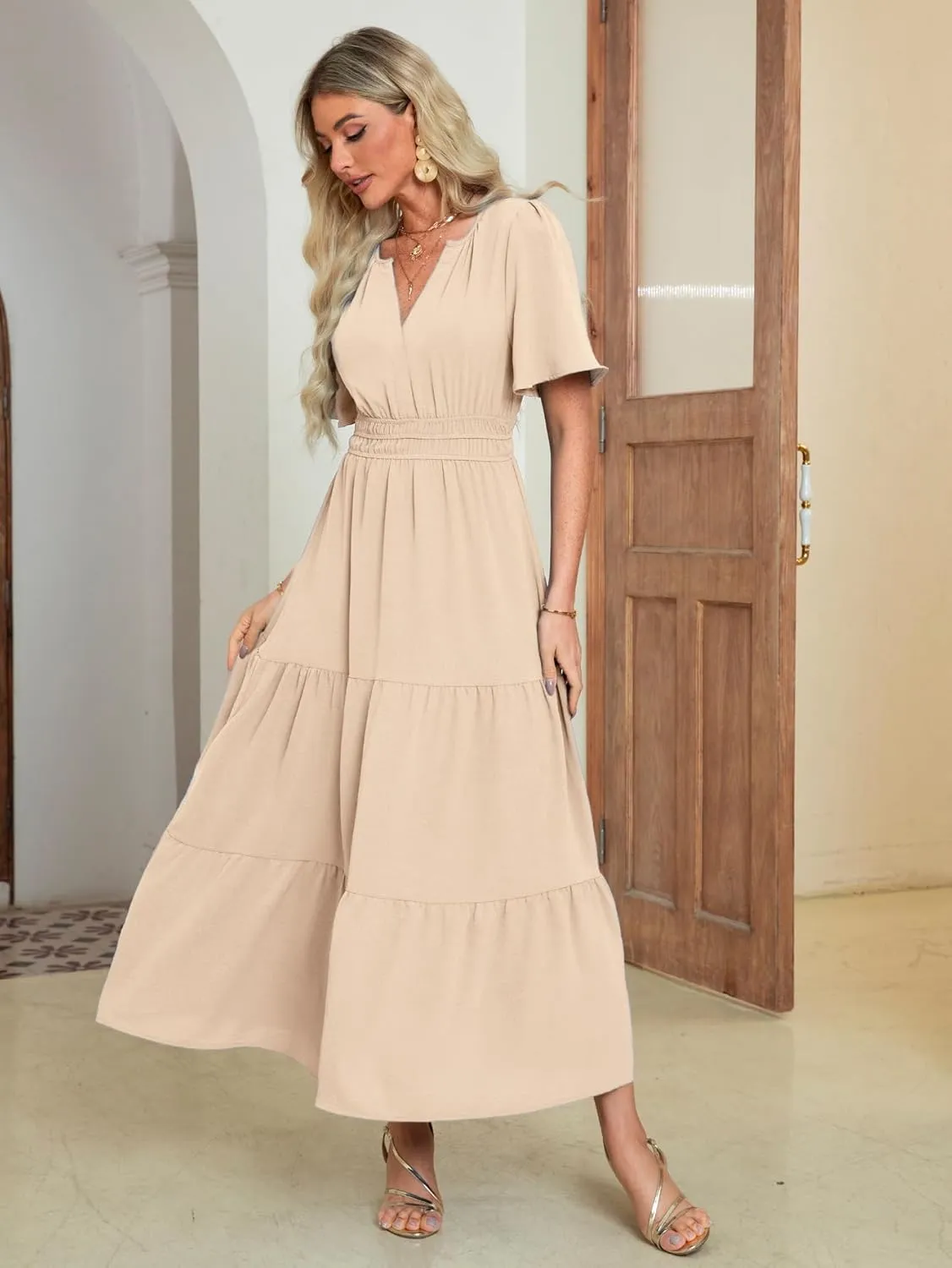 Amegoya Women's Summer Boho Maxi Dresses Casual V Neck Short Sleeve A-line Empire Waist Long Flowy Beach Dress