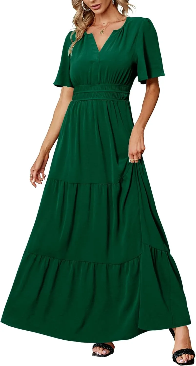 Amegoya Women's Summer Boho Maxi Dresses Casual V Neck Short Sleeve A-line Empire Waist Long Flowy Beach Dress