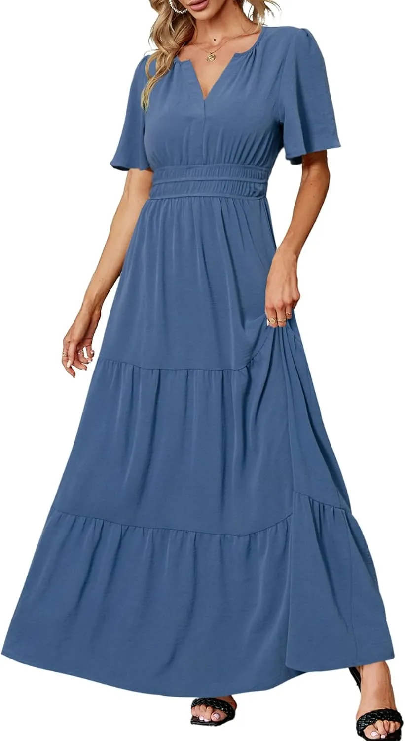 Amegoya Women's Summer Boho Maxi Dresses Casual V Neck Short Sleeve A-line Empire Waist Long Flowy Beach Dress