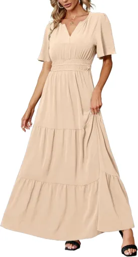 Amegoya Women's Summer Boho Maxi Dresses Casual V Neck Short Sleeve A-line Empire Waist Long Flowy Beach Dress