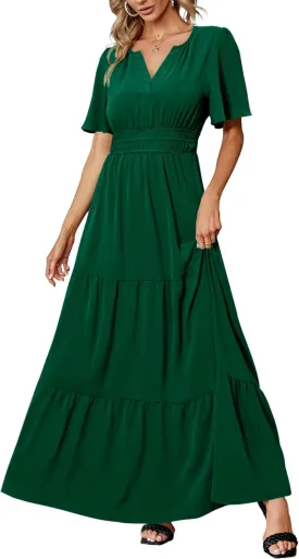 Amegoya Women's Summer Boho Maxi Dresses Casual V Neck Short Sleeve A-line Empire Waist Long Flowy Beach Dress