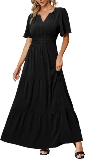 Amegoya Women's Summer Boho Maxi Dresses Casual V Neck Short Sleeve A-line Empire Waist Long Flowy Beach Dress