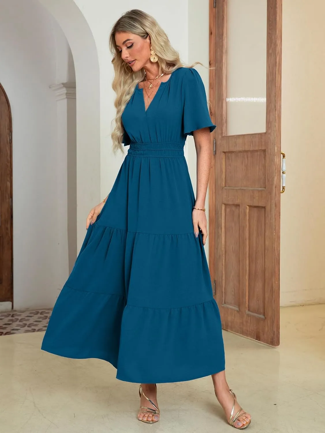 Amegoya Women's Summer Boho Maxi Dresses Casual V Neck Short Sleeve A-line Empire Waist Long Flowy Beach Dress
