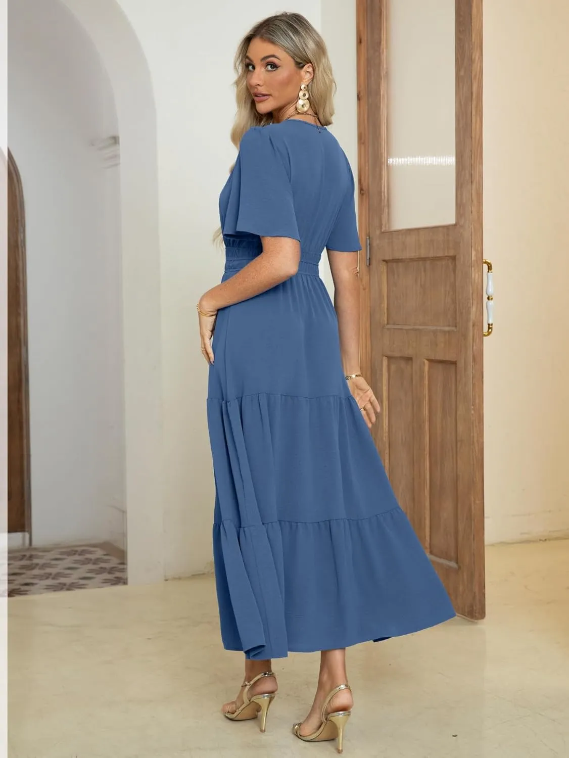Amegoya Women's Summer Boho Maxi Dresses Casual V Neck Short Sleeve A-line Empire Waist Long Flowy Beach Dress