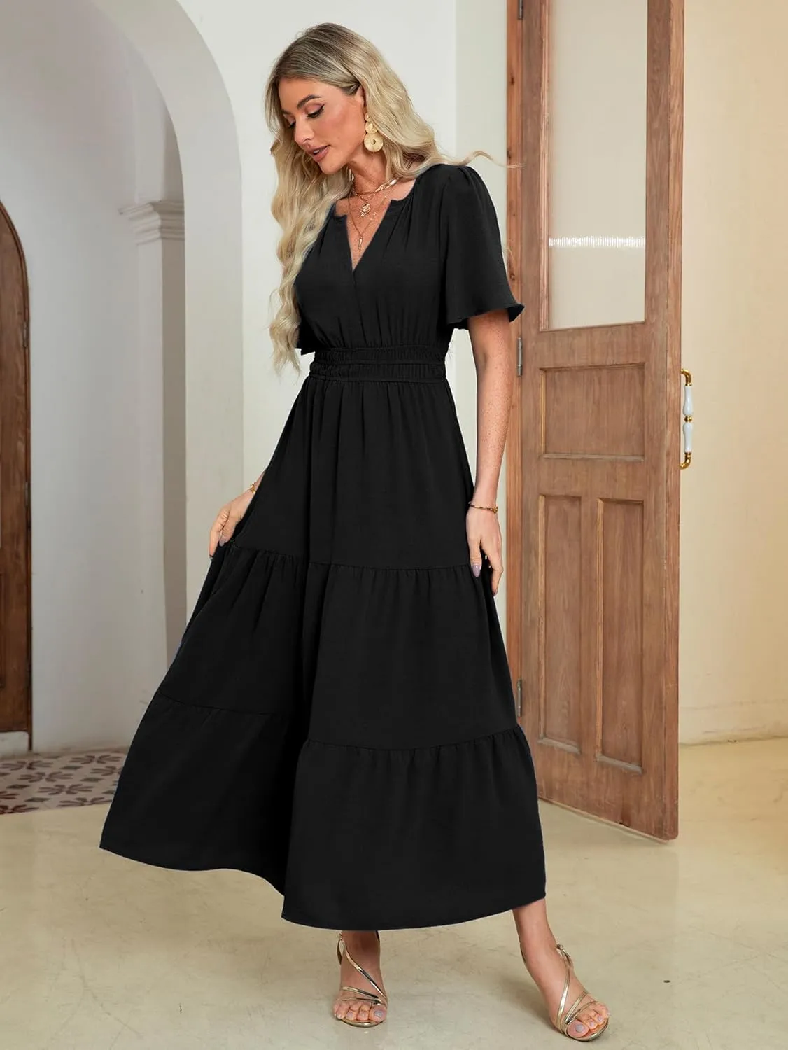 Amegoya Women's Summer Boho Maxi Dresses Casual V Neck Short Sleeve A-line Empire Waist Long Flowy Beach Dress