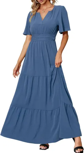 Amegoya Women's Summer Boho Maxi Dresses Casual V Neck Short Sleeve A-line Empire Waist Long Flowy Beach Dress