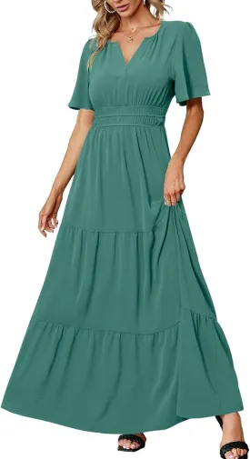 Amegoya Women's Summer Boho Maxi Dresses Casual V Neck Short Sleeve A-line Empire Waist Long Flowy Beach Dress