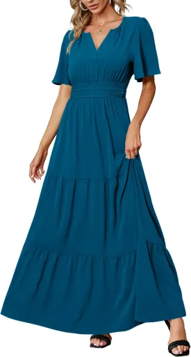 Amegoya Women's Summer Boho Maxi Dresses Casual V Neck Short Sleeve A-line Empire Waist Long Flowy Beach Dress
