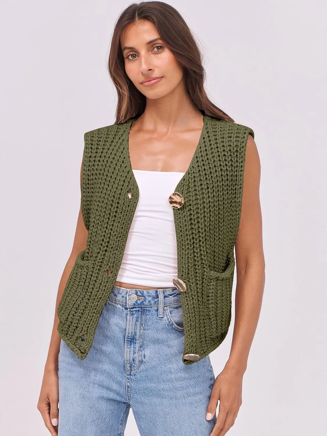 ANRABESS Women Chunky Knit Sweater Vest Button Down Casual Sleeveless Cardigan with Pockets Spring Trendy Outfits 2025