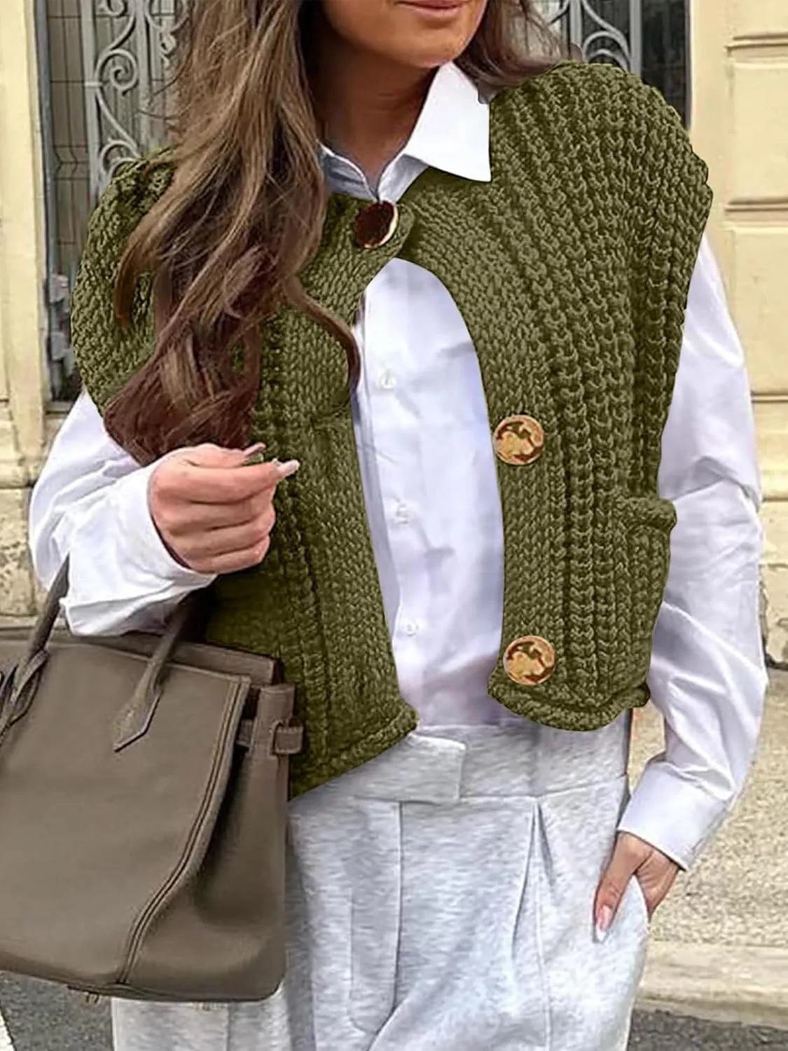 ANRABESS Women Chunky Knit Sweater Vest Button Down Casual Sleeveless Cardigan with Pockets Spring Trendy Outfits 2025