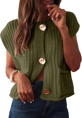 ANRABESS Women Chunky Knit Sweater Vest Button Down Casual Sleeveless Cardigan with Pockets Spring Trendy Outfits 2025