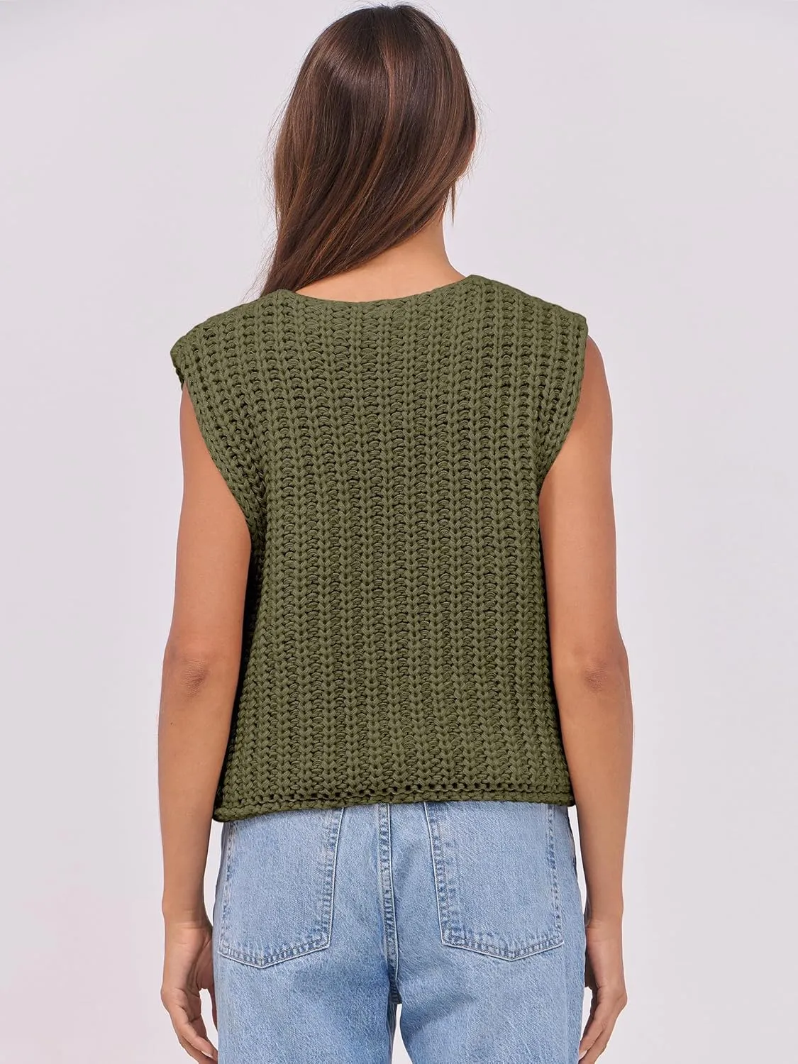 ANRABESS Women Chunky Knit Sweater Vest Button Down Casual Sleeveless Cardigan with Pockets Spring Trendy Outfits 2025