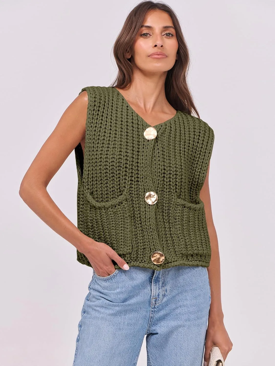 ANRABESS Women Chunky Knit Sweater Vest Button Down Casual Sleeveless Cardigan with Pockets Spring Trendy Outfits 2025