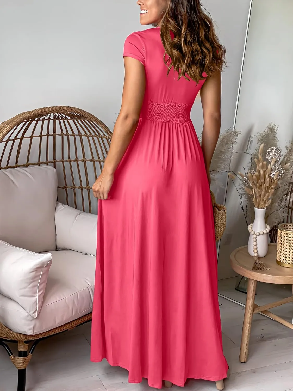 ANRABESS Women Summer Deep V Neck Short Sleeve Dresses Slit Elegant Wedding Guest Formal Cocktail Evening Maxi Long Dress