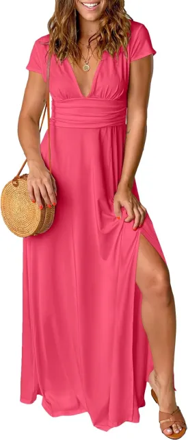 ANRABESS Women Summer Deep V Neck Short Sleeve Dresses Slit Elegant Wedding Guest Formal Cocktail Evening Maxi Long Dress