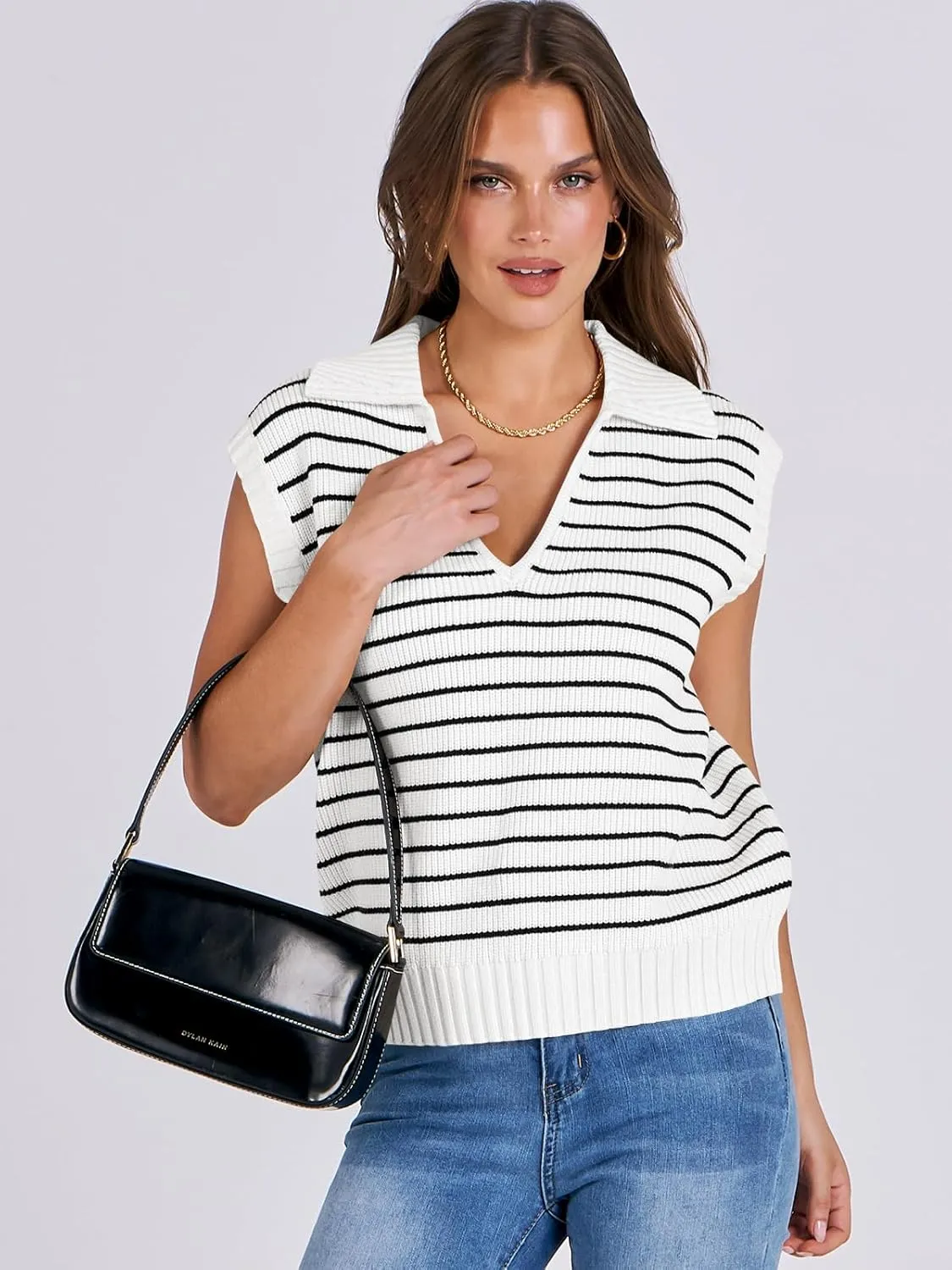 ANRABESS Women Summer Tank Tops Striped Sleeveless Polo V Neck Knit Sweater Vest Shirts 2025 Trendy Cute Outfits
