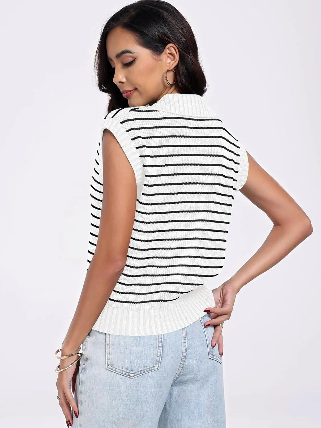 ANRABESS Women Summer Tank Tops Striped Sleeveless Polo V Neck Knit Sweater Vest Shirts 2025 Trendy Cute Outfits