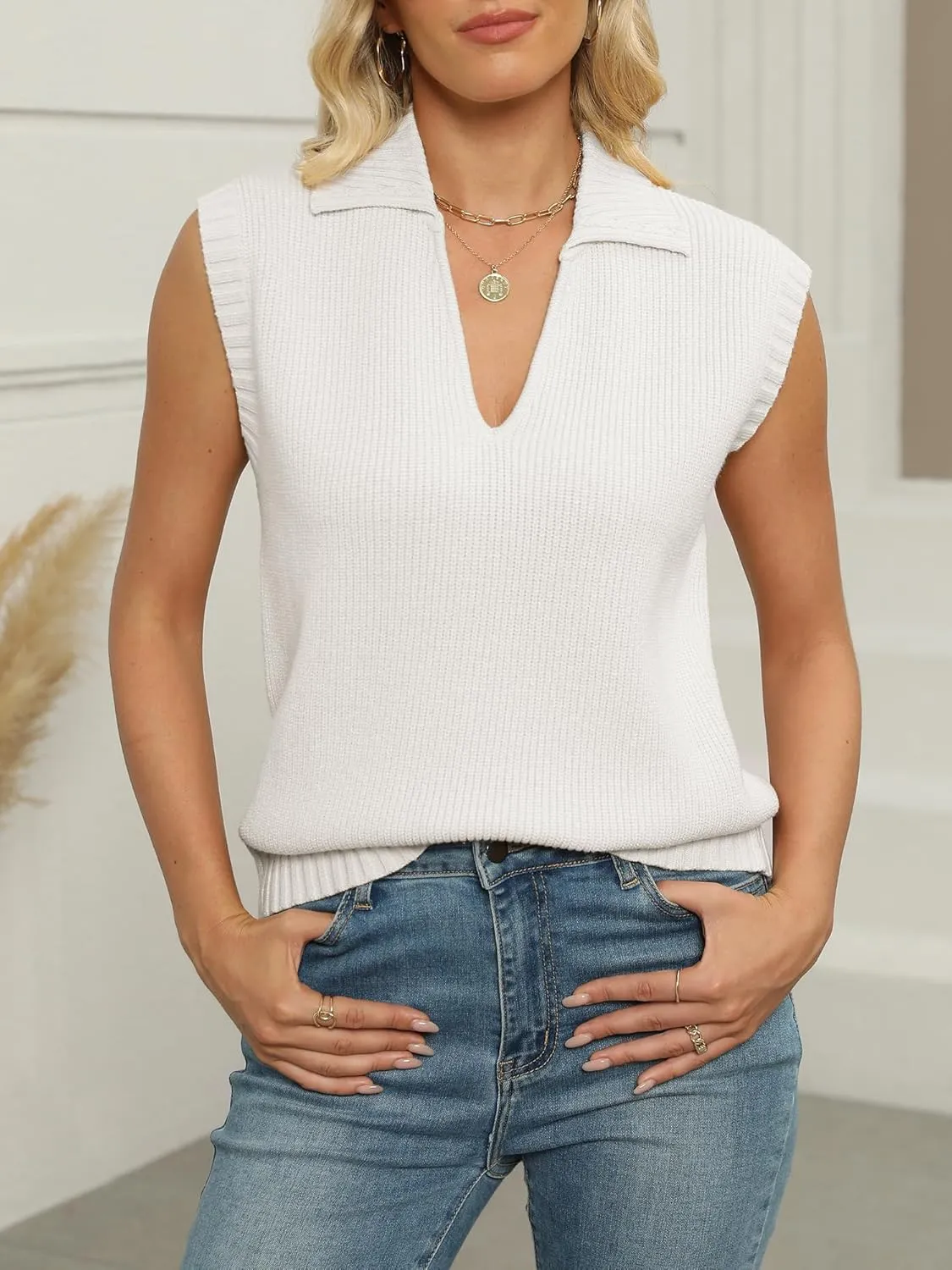 ANRABESS Women Summer Tank Tops Striped Sleeveless Polo V Neck Knit Sweater Vest Shirts 2025 Trendy Cute Outfits