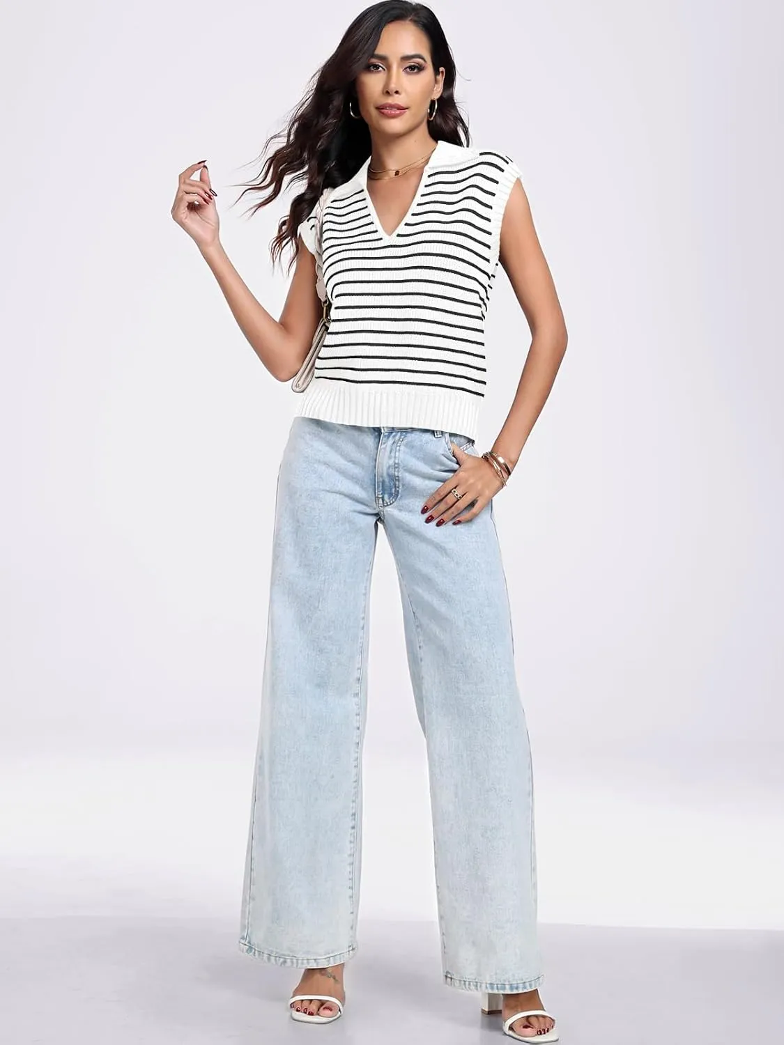 ANRABESS Women Summer Tank Tops Striped Sleeveless Polo V Neck Knit Sweater Vest Shirts 2025 Trendy Cute Outfits