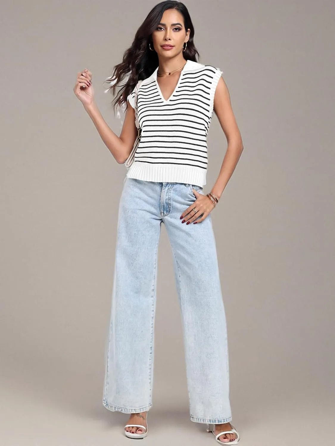 ANRABESS Women Summer Tank Tops Striped Sleeveless Polo V Neck Knit Sweater Vest Shirts 2025 Trendy Cute Outfits