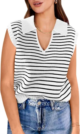 ANRABESS Women Summer Tank Tops Striped Sleeveless Polo V Neck Knit Sweater Vest Shirts 2025 Trendy Cute Outfits