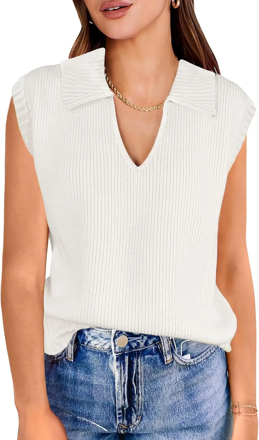 ANRABESS Women Summer Tank Tops Striped Sleeveless Polo V Neck Knit Sweater Vest Shirts 2025 Trendy Cute Outfits