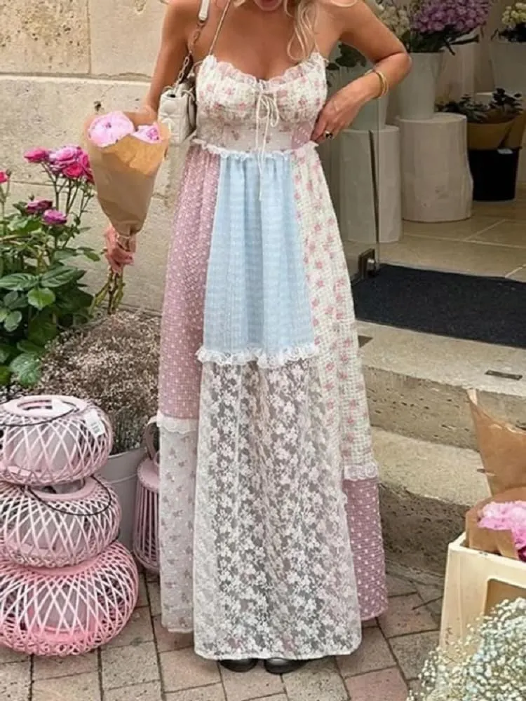 Argeousgor Women 2024 Bohemian Maxi Dress Sleeveless Embroidered Flowy Smocked Long Dress Summer Beach Sundresses