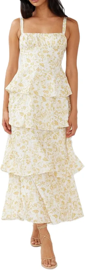 Argeousgor Womens Floral Print Maxi Dresses Tiered Ruffles Long Dress Spaghetti Strap Sleeveless Flowy Layered Sundress