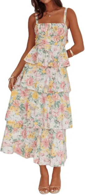 Argeousgor Womens Floral Print Maxi Dresses Tiered Ruffles Long Dress Spaghetti Strap Sleeveless Flowy Layered Sundress