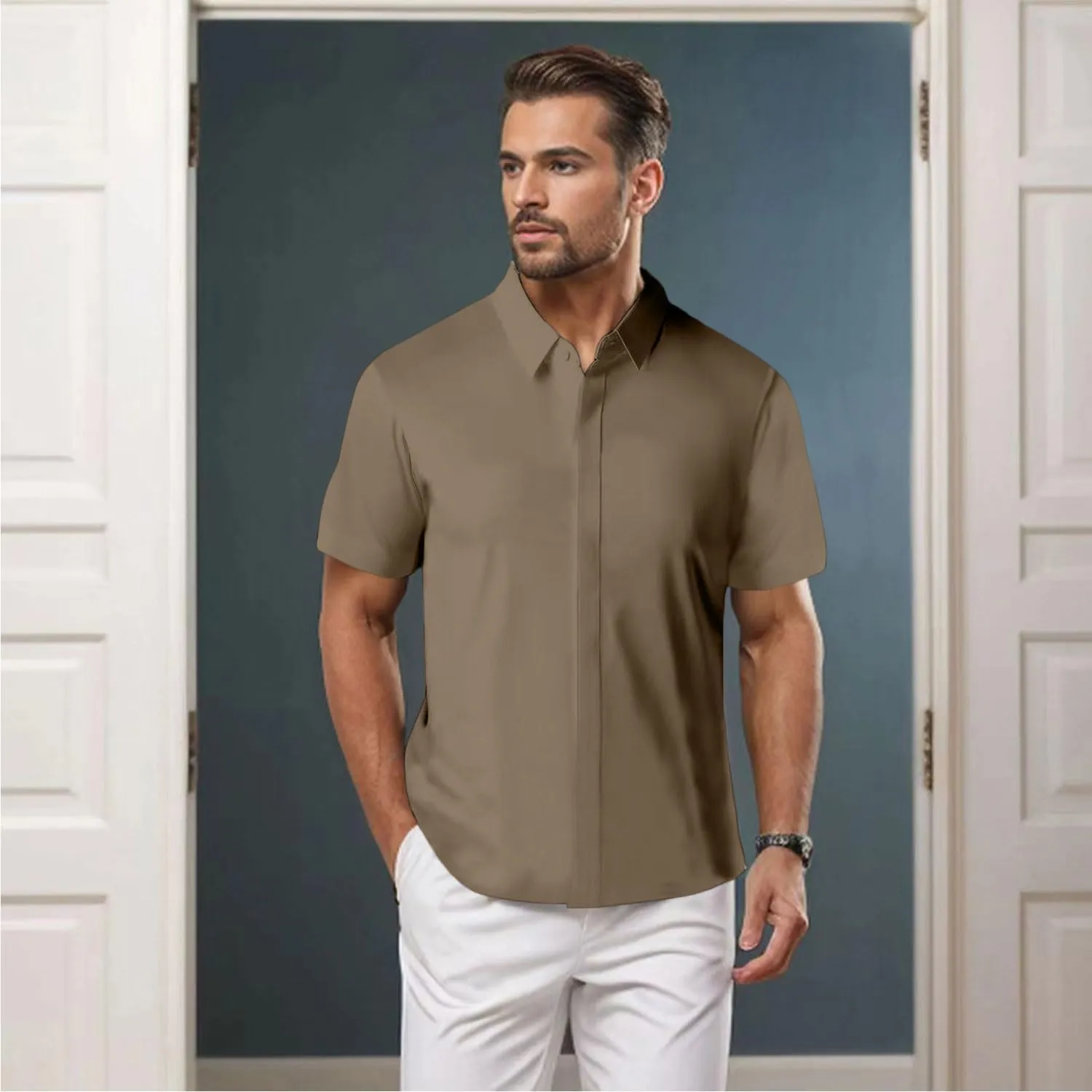 Bealin Men's Button Down Short Sleeve Casual Shirts Elastic Wrinkle Free Business Shirt for Summer Casual Top