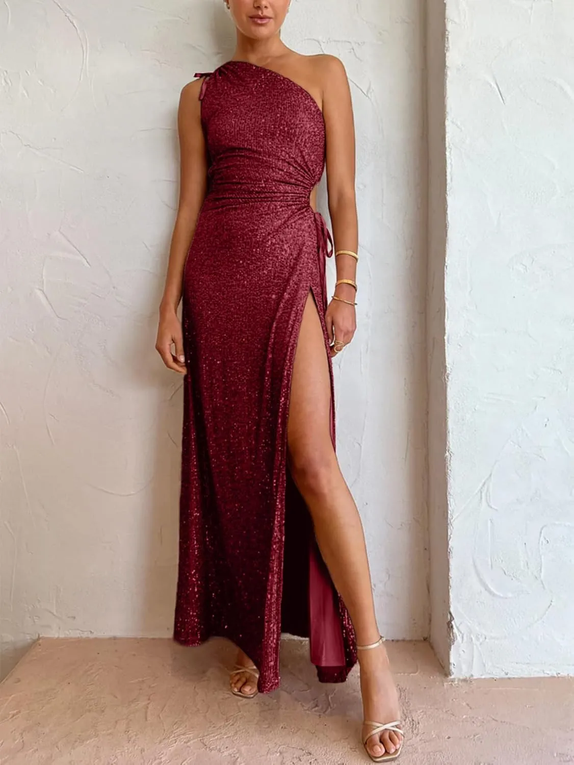 BerryGo Women's Sexy Sequin One Shoulder Cut Out Prom Maxi Dress Ruched Bodycon Sparkly Glitter Slit Party Formal Dress