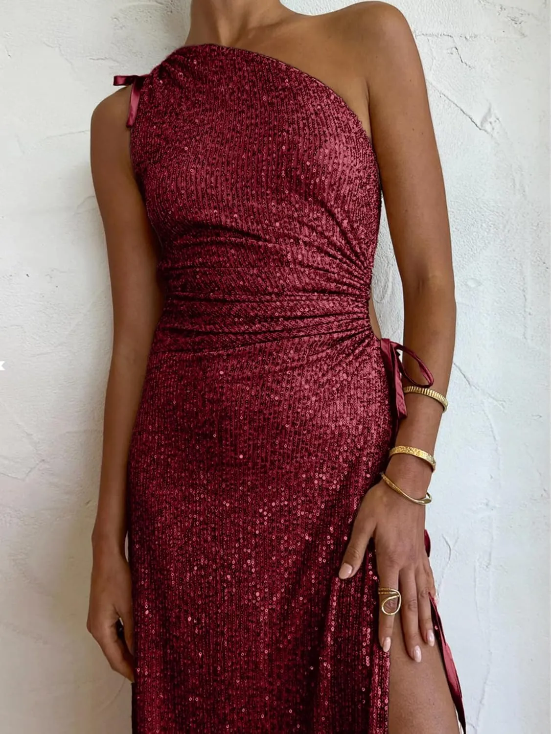BerryGo Women's Sexy Sequin One Shoulder Cut Out Prom Maxi Dress Ruched Bodycon Sparkly Glitter Slit Party Formal Dress
