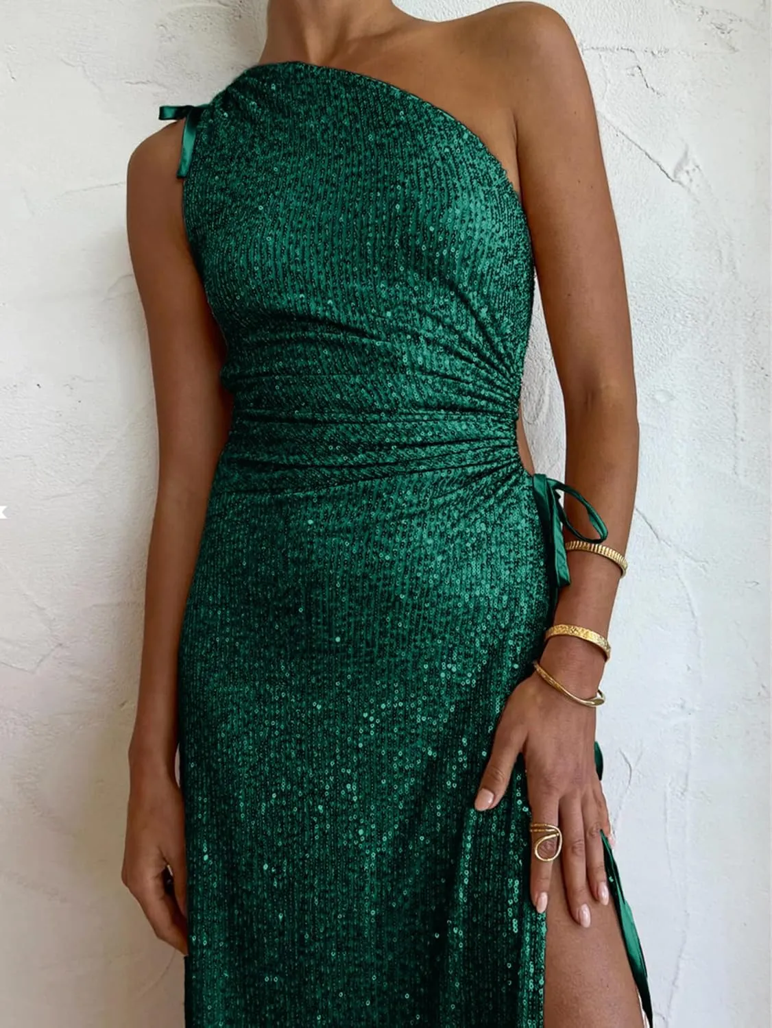 BerryGo Women's Sexy Sequin One Shoulder Cut Out Prom Maxi Dress Ruched Bodycon Sparkly Glitter Slit Party Formal Dress