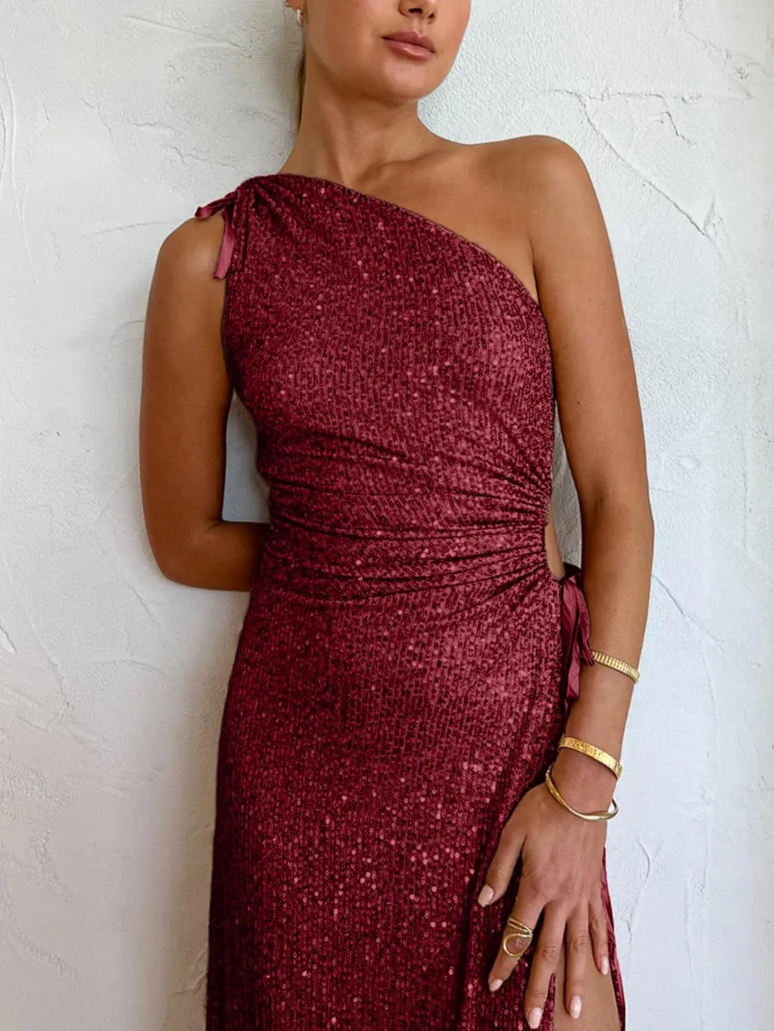 BerryGo Women's Sexy Sequin One Shoulder Cut Out Prom Maxi Dress Ruched Bodycon Sparkly Glitter Slit Party Formal Dress