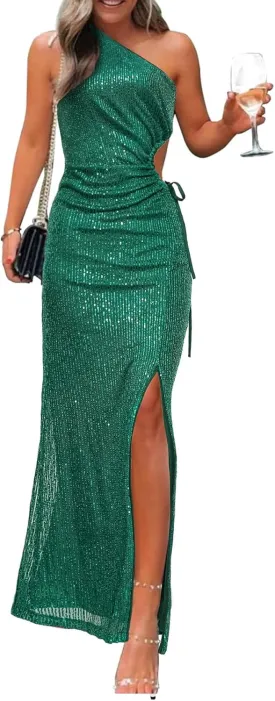 BerryGo Women's Sexy Sequin One Shoulder Cut Out Prom Maxi Dress Ruched Bodycon Sparkly Glitter Slit Party Formal Dress