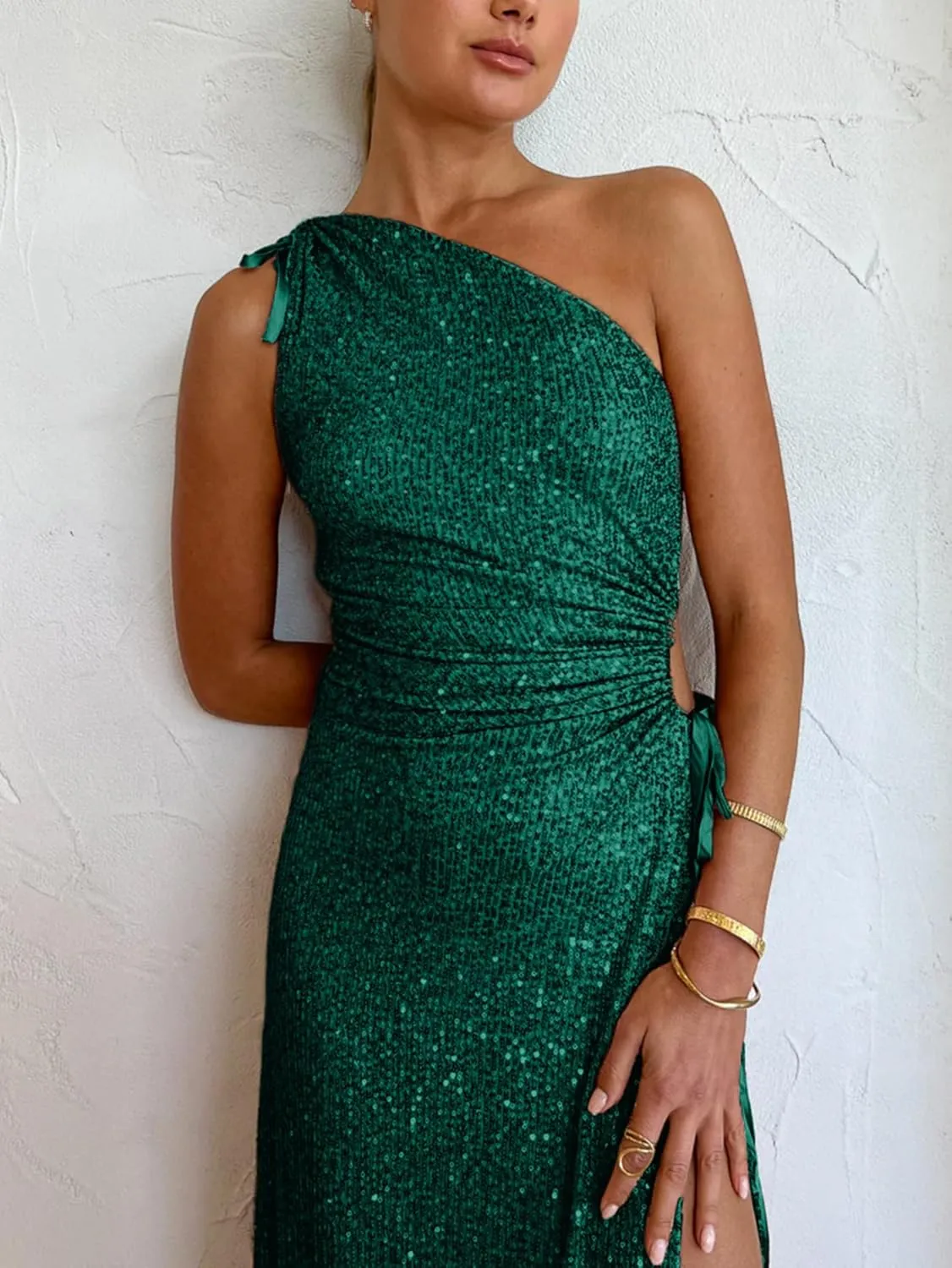 BerryGo Women's Sexy Sequin One Shoulder Cut Out Prom Maxi Dress Ruched Bodycon Sparkly Glitter Slit Party Formal Dress