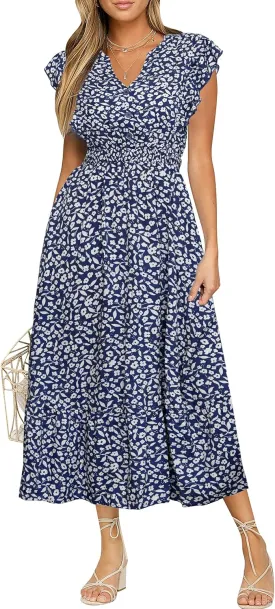 BerryGo Womens Summer Floral Maxi Dress Casual Boho V Neck Ruffle Short Sleeve Beach Long Dresses with Pockets