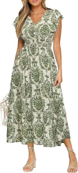 BerryGo Womens Summer Floral Maxi Dress Casual Boho V Neck Ruffle Short Sleeve Beach Long Dresses with Pockets