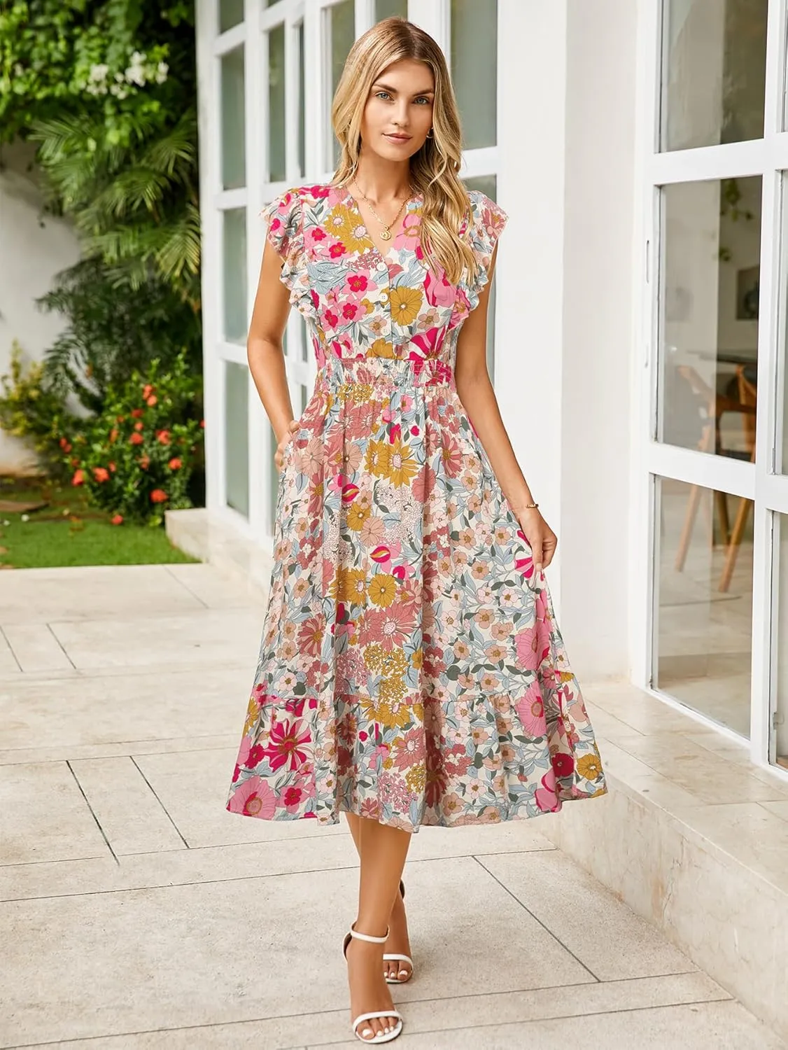 BerryGo Womens Summer Floral Maxi Dress Casual Boho V Neck Ruffle Short Sleeve Beach Long Dresses with Pockets