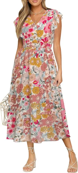 BerryGo Womens Summer Floral Maxi Dress Casual Boho V Neck Ruffle Short Sleeve Beach Long Dresses with Pockets