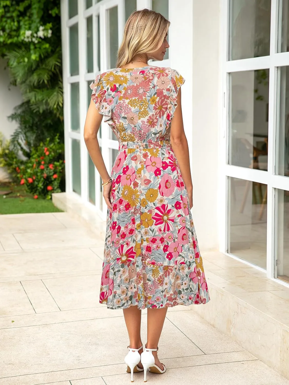 BerryGo Womens Summer Floral Maxi Dress Casual Boho V Neck Ruffle Short Sleeve Beach Long Dresses with Pockets