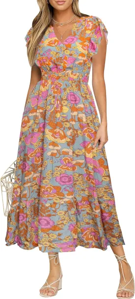 BerryGo Womens Summer Floral Maxi Dress Casual Boho V Neck Ruffle Short Sleeve Beach Long Dresses with Pockets