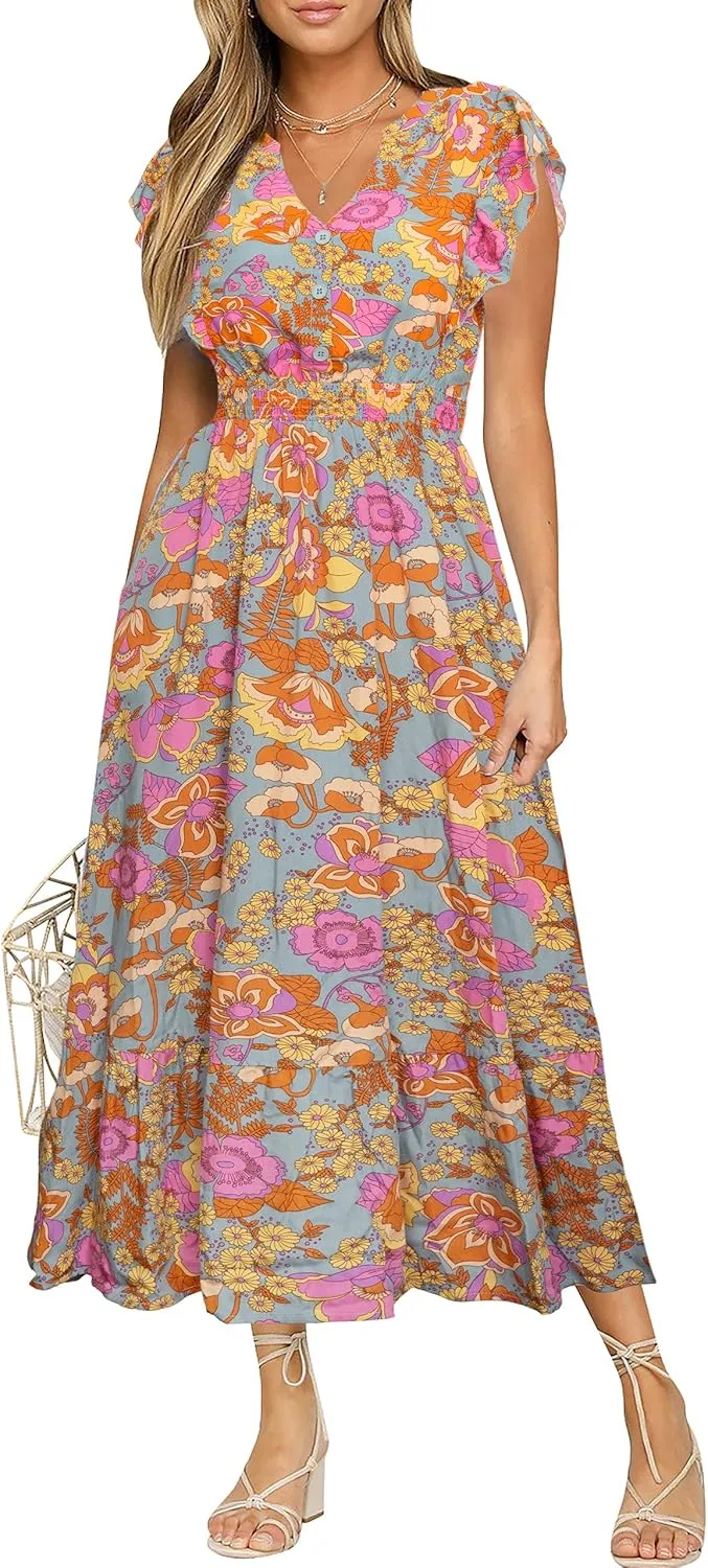 BerryGo Womens Summer Floral Maxi Dress Casual Boho V Neck Ruffle Short Sleeve Beach Long Dresses with Pockets