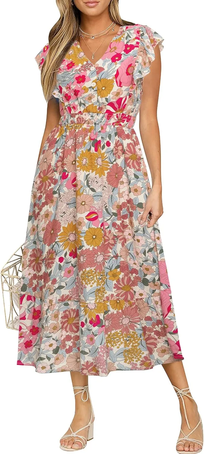 BerryGo Womens Summer Floral Maxi Dress Casual Boho V Neck Ruffle Short Sleeve Beach Long Dresses with Pockets