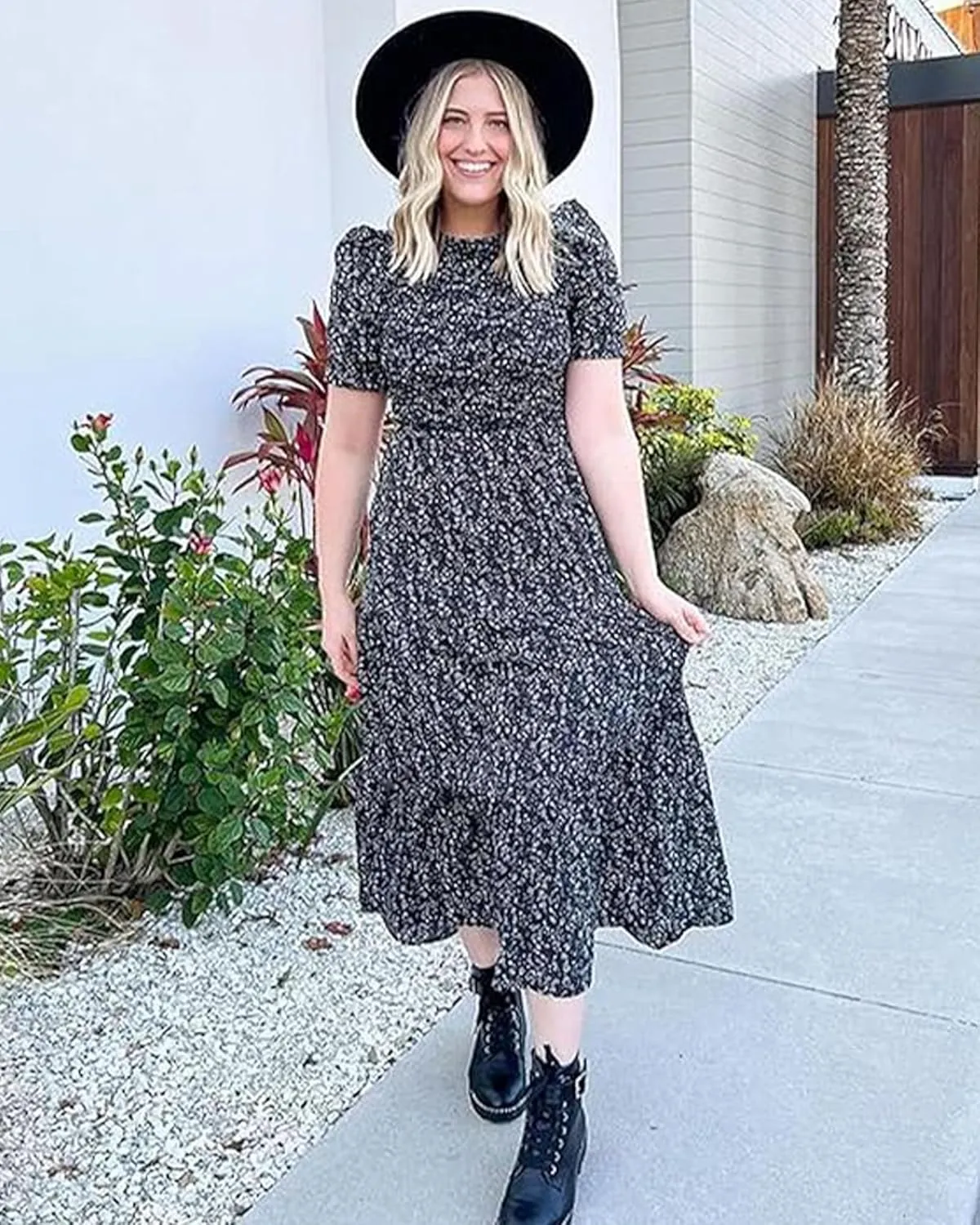 BTFBM Women Casual Summer Dresses 2025 Spring Crew Neck Ruffle Short Sleeve Floral Print Smocked Boho Flowy Maxi Dress